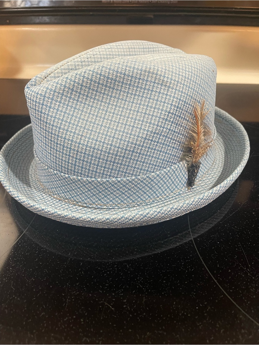 Vintage Baby Blue and White Plaid Fedora Hat w Feathers 7 1/2 tag made in USA